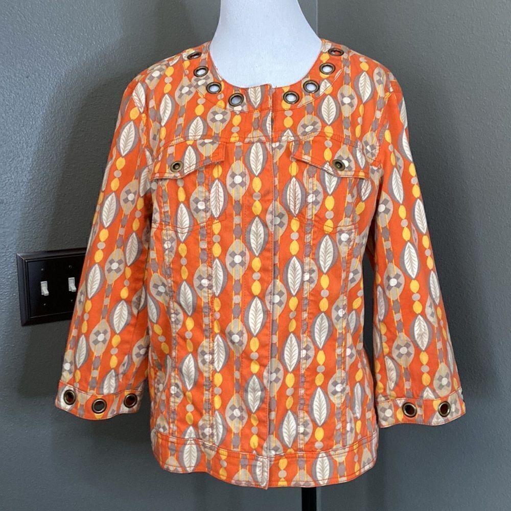 Multiples Patterned Cropped Sleeve Jacket Large Grommet Details - Picture 14 of 14